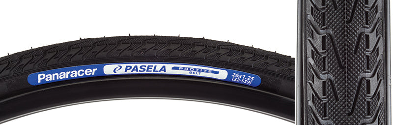 26x1.25 Pasela Protite Bicycle Tire close-up, showcasing its tread pattern and durable construction designed for urban or touring use with advanced puncture protection technology.