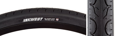 Close-up of a 26x1.25 Kwest Bicycle Tire showing its smooth rounded tread with large water dispersion grooves, designed for enhanced speed, traction, and durability.