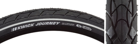 Close-up of the 26x1.35 Reflective Kwick Journey Sport KS Bicycle Tire, showcasing its deep tread pattern and reflective sidewall accents designed for improved safety and puncture protection.