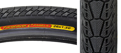 Close-up of a 26x1.5 Black/Black Pasela Bicycle Tire, highlighting its hybrid commuter design with a raised center for reduced rolling resistance.