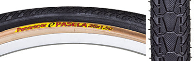 Close-up of a 26x1.5 Black/Tan Pasela Bicycle Tire, showcasing its tread and raised center designed for low rolling resistance.