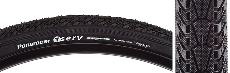 Close-up of the 26x1.5 T-Serv Bicycle Tire, highlighting its tread pattern and aramid belt designed for urban protection against punctures and pinch flats.