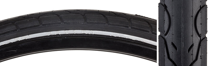 Close-up of a 26x1.5 Reflective Kwest Reflective Bicycle Tire showcasing minimal tread and deep water grooves designed for city and commuting use.