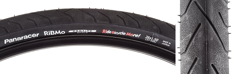 Close-up of a 26x1.5 Ribmo Fold Bicycle Tire showcasing its all-contact tread pattern, designed for urban commuting and featuring Panaracer's Protite puncture protection technology.