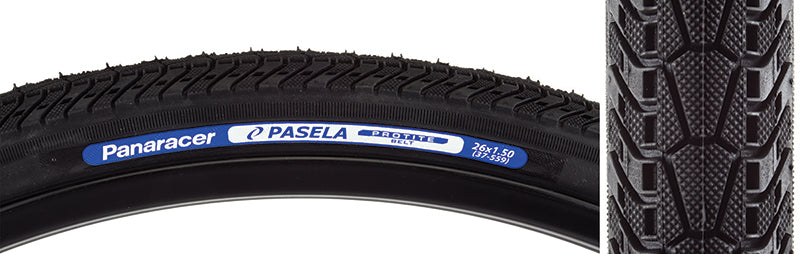 Close-up of the 26x1.5 Pasela Protite Bicycle Tire, showcasing its tread pattern and durable construction, designed for urban or touring use with advanced puncture protection technology.