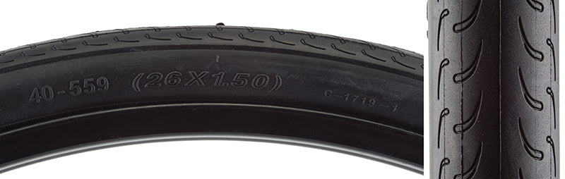 Close-up of a 26x1.5 Caldera Bicycle Tire, highlighting its thick rubber tread, designed for longevity and performance with EPS for enhanced puncture resistance.