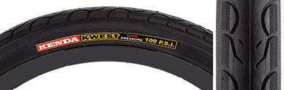 Close-up of the 26x1.5 Kwest PRC Bicycle Tire, showcasing its detailed tread pattern, designed for hybrid and touring rides. Notable for its SRC rubber compound and PRC puncture-resistant casing.