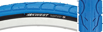 Close-up of a 26x1.5 Blue Kwest Bicycle Tire, highlighting its smooth rounded tread with large water dispersion grooves, designed for superior straight-line speed, traction, and cornering confidence.