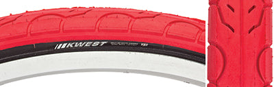 Close-up of the 26x1.5 Red Kwest Bicycle Tire showcasing its smooth rounded tread with large water dispersion grooves, designed for straight-line speed, traction, and cornering confidence.