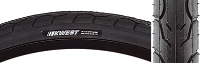 Close-up of the 26x1.5 Kwest SRC/60 Bicycle Tire featuring smooth rounded tread and large water dispersion grooves for enhanced speed, traction, and cornering. Ideal for commuting or recumbent bikes.