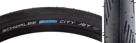 Close-up of the 26x1.5 Reflective City Jet Active Lite KG Bicycle Tire, highlighting its smooth surface, inverted shoulder grooves, and reflective accents.