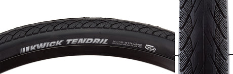 Close-up of a 26x1.5 Reflective Kwick Tendril Bicycle Tire, showcasing its minimal tread, continuous center ridge, and reflective sidewall striping designed for city riding and commuting.