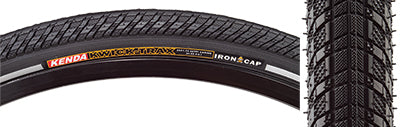 Close-up of a 26x1.5 Reflective Kwick Trax Bicycle Tire featuring a reflective yellow stripe and detailed tread pattern designed for low rolling resistance and flat protection.