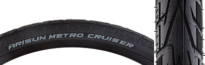 Close-up of a 26x1.6 Metro Cruiser Wire/30 Bicycle Tire showcasing the smooth top tread with deep channels and wrap-around sidewall design for wet weather and cornering traction.