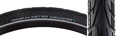 Close-up of a 26x1.6 Reflective Metro Cruiser Bicycle Tire showcasing its smooth top tread, deep channel vents, wrap tread design on sidewall, and reflective sidewall striping for enhanced visibility.