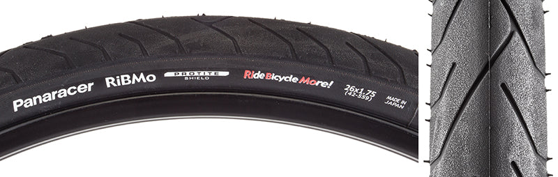 26x1.75 Ribmo Wire Bicycle Tire close-up, showcasing its all-contact tread pattern and durable compound, designed for urban commuting. Features Protite puncture protection technology.