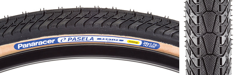 Close-up of a 26x1.75 Pasela Protite Fold Bicycle Tire, showcasing its tread pattern and puncture protection technology, ideal for urban or touring rides.