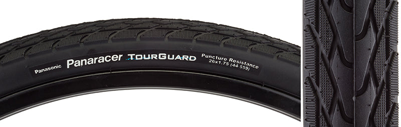 26x1.75 Tourguard Bicycle Tire close-up, showcasing tread pattern and robust synthetic rubber. Ideal for urban or touring, featuring Aramid belting for puncture protection and superior wet weather performance.