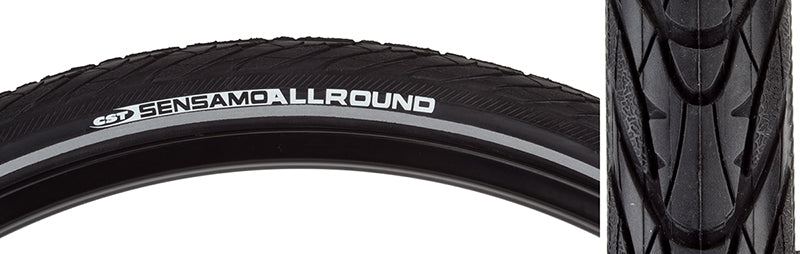 Close-up of the 26x1.75 Reflective Sensamo Allaround Bicycle Tire, showcasing its grooved-slick tread design, extended side tread, and reflective sidewall for increased protection and visibility.