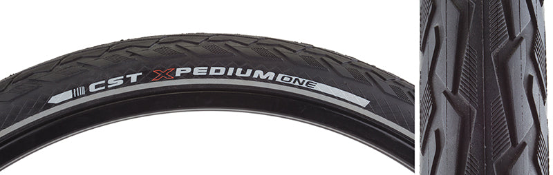 Close-up of the 26x1.75 Reflective Xpedium APL Bicycle Tire, showcasing its durable tread and reflective sidewall striping, designed for longevity and enhanced visibility in low light conditions.