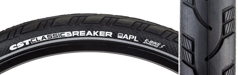 Close-up of a 26x1.75 Reflective Classic Breaker Bicycle Tire showcasing the raised center line, grooved side tread, and reflective sidewall, highlighting durability and visibility features.