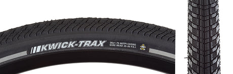 26x1.75 Reflective Kwick Trax Bicycle Tire close-up, highlighting the tread pattern, reflective sidewalls, and Iron Cap flat protection for enhanced durability and visibility, designed for commuting efficiency and water evacuation.