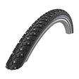 26x1.75 Reflective Marathon Winter Plus Performance Twin SmartGuard Bicycle Tire with studded treads, designed for traction on ice, featuring micro-siped knobs and carbide studs.