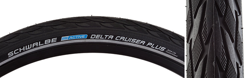 Close-up of a 26x1.75 Reflective Delta Cruiser+ Active Twin PG Bicycle Tire showcasing its tread pattern and reflective trim, designed for both E-Bikes and regular bikes.