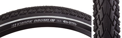 Close-up of the 26x1.75 Reflective Kwick Drumlin Sport KS Bicycle Tire, highlighting its thick tread, square profile, deep siping, and textured burly shoulder lugs, designed for versatile terrain.