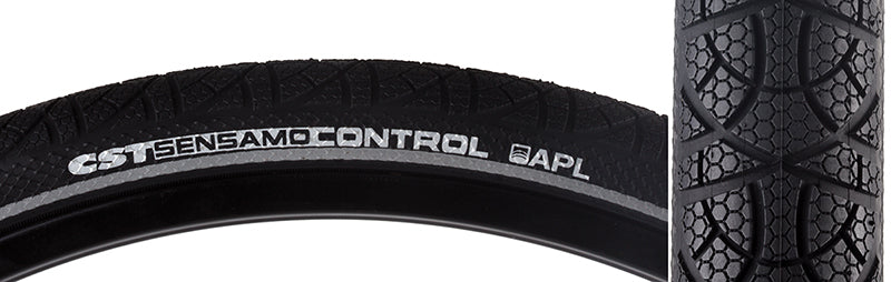 Close-up of the 26x1.75 Reflective Sensamo Control Bicycle Tire, showcasing its textured tread surface and reflective sidewalls, designed for enhanced grip and visibility.