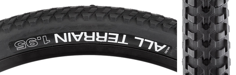 Close-up of a 26x1.95 All Terrain Comp Bicycle Tire, highlighting its tread pattern and robust casing, designed for urban and hardpack surfaces with grippy DNA rubber and wire beads for non-tubeless use.