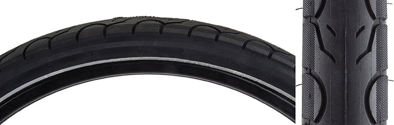 Close-up of the 26x1.95 Kwest Reflective Bicycle Tire, showing minimal tread and deep water grooves, ideal for city commuting and bike paths.