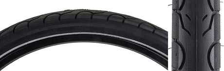 Close-up of the 26x1.95 Kwest Reflective Bicycle Tire, showing minimal tread and deep water grooves, ideal for city commuting and bike paths.