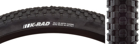 Close-up of a 26x1.95 K-Rad Sport Bicycle Tire, showcasing its checkerboard pattern of micro-knurled square knobs and rounded profile, designed for street and park use with durable SRC rubber compound.