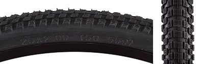 Close-up view of the 26x2.0 Black/Black Cub Bicycle Tire, showcasing its classic BMX-style street tread, a result of Vee Tire and SE Bikes's collaboration.