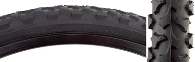 Close-up of the 26x2.0 MTB Alpha Bite Bicycle Tire, featuring large, widely spaced knobs and a durable cable bead, designed for versatile, all-condition mountain biking.