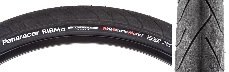 Close-up of 26x2.0 Ribmo Wire Bicycle Tire showcasing its all-contact tread pattern and durable compound, designed for urban commuting with advanced Protite puncture protection technology.