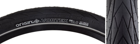 26x2.0 Reflective Vortex Bicycle Tire with smooth tread, water grooves, raised shoulder blocks, and reflective sidewall striping for visibility. Ideal for wet conditions and commuting, featuring puncture protection.