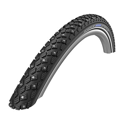 26x2.0 Reflective Marathon Winter Plus Performance Twin SmartGuard Bicycle Tire, featuring studded treads and carbide spikes for ice traction, with micro-siped knobs and additional sidewall protection for durability.