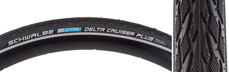 Close-up of the 26x2.0 Reflective Delta Cruiser+ Active Twin PG Bicycle Tire, highlighting the tire tread, center rib profile, and reflective trim, emphasizing its durability and puncture protection features.