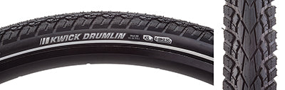 Close-up of the 26x2.0 Reflective Kwick Drumlin Sport KS Bicycle Tire showcasing its thick tread, square profile with deep siping, and textured shoulder lugs.