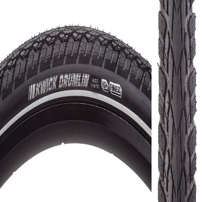 26x2.0 Reflective Kwick Drumlin Sport KS+ Bicycle Tire close-up showcasing thick tread, square profile, and textured shoulder lugs, with reflective sidewall striping for low light visibility.