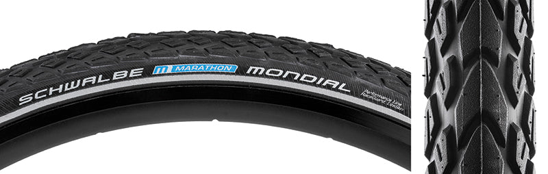 Close-up of the 26x2.0 Reflective Marathon Mondial Performance Lite RaceGuard Bicycle Tire, showcasing its thick tread, prominent knobs, and reflective sidewall striping, designed for both E-Bikes and standard bikes.