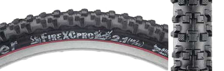 Close-up of the 26x2.1 Black/Black Fire XC Pro Fold Bicycle Tire, showcasing its aggressive lateral tread and multi-stepped knobs designed for all-conditions cross-country biking.