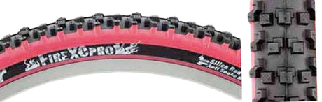 Close-up of the 26x2.1 Black/Red Fire XC Pro Fold Bicycle Tire, showing its aggressive lateral tread and multi-stepped knobs, ideal for all-conditions XC riding.