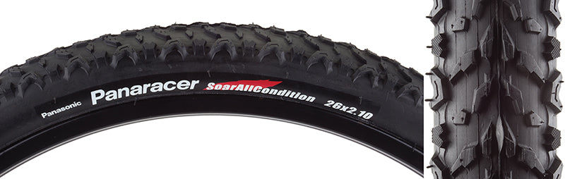 Close-up of the 26x2.1 Soar AllCondition Bicycle Tire, highlighting its tread pattern designed for fast rolling and versatile performance in XC and marathon riding.