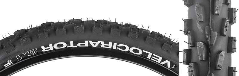 Close-up of the 26x2.1 VelociRaptor Frt Bicycle Tire showcasing its large directional tread for enhanced tracking and cornering.