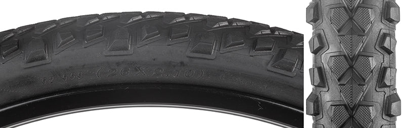 Close-up of the 26x2.1 Gripper Bicycle Tire highlighting its quick rolling center tread and aggressive cornering knobs, designed for durability and high performance with a single compound throughout the tread.