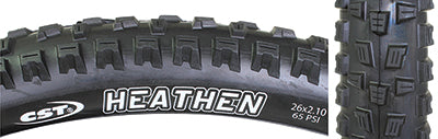 Close-up view of the 26x2.1 Heathen Bicycle Tire, showcasing its tread designed for medium to loose conditions, emphasizing its single compound construction for enhanced longevity and performance.