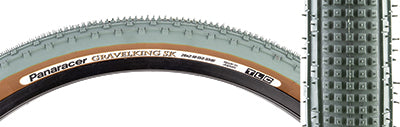 Close-up of the 26x2.1 Olive/Brown Gravel King SK Bicycle Tire, showcasing rows of square knobs and ridges designed for smooth rolling and superior grip on gravel and rough roads.